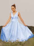 A-Line/Princess Ruffles V-neck Sleeveless Satin Sweep/Brush Train Dresses TPP0004804