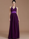 A-Line/Princess Halter Sleeveless Sash/Ribbon/Belt Floor-Length Chiffon Bridesmaid Dresses TPP0005410