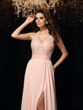 A-Line/Princess Halter Lace Sleeveless Long Chiffon Dresses TPP0001882