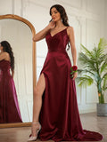 A-Line/Princess Silk like Satin Ruched V-neck Sleeveless Sweep/Brush Train Dresses TPP0001545