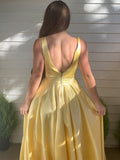 A-Line/Princess Satin V-neck Sleeveless Ruffles Sweep/Brush Train Dresses TPP0004623