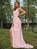 A-Line/Princess Stretch Crepe Ruched V-neck Sleeveless Sweep/Brush Train Bridesmaid Dresses TPP0005009