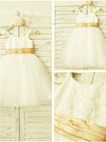 A-line/Princess Spaghetti Straps Sleeveless Lace Tea-Length Tulle Flower Girl Dresses TPP0007846