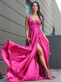 A-Line/Princess Silk like Satin Ruffles V-neck Sleeveless Sweep/Brush Train Dresses TPP0001663