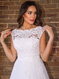 A-Line/Princess Lace Sleeveless Scoop Sweep/Brush Train Wedding Dresses TPP0006152