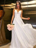 A-Line/Princess Charmeuse Spaghetti Straps Ruffles Sleeveless Sweep/Brush Train Wedding Dresses TPP0006078