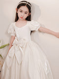 A-Line/Princess Satin Bowknot Sweetheart Short Sleeves Floor-Length Flower Girl Dresses TPP0007508