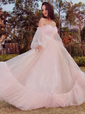 A-Line/Princess Long Sleeves Floor-Length Tulle Applique Off-the-Shoulder Dresses TPP0001440