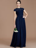 A-Line/Princess Jewel Short Sleeves Lace Floor-Length Chiffon Bridesmaid Dresses TPP0005179