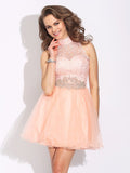 A-Line/Princess High Neck Beading Sleeveless Short Net Dresses TPP0008631