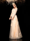 A-Line/Princess Sheer Neck Applique Long Sleeves Long Satin Dresses TPP0006599