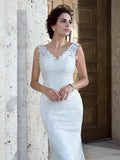 Trumpet/Mermaid V-neck Applique Sleeveless Long Net Wedding Dresses TPP0006703