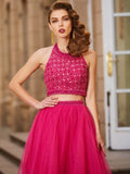 A-Line/Princess Halter Beading Sleeveless Tulle Floor-Length Two Piece Dresses TPP0003789