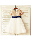 A-line/Princess Scoop Short Sleeves Sequin Tea-Length Tulle Flower Girl Dresses TPP0007726