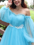 A-Line/Princess Off-the-Shoulder Tulle Applique Long Sleeves Floor-Length Dresses TPP0001492