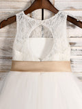 A-Line/Princess Tulle Sash/Ribbon/Belt Scoop Sleeveless Tea-Length Flower Girl Dresses TPP0007525