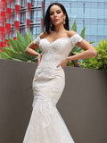 Trumpet/Mermaid Tulle Applique Off-the-Shoulder Sleeveless Sweep/Brush Train Wedding Dresses TPP0006311