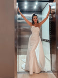 A-Line/Princess Satin Ruched Strapless Sleeveless Court Train Wedding Dresses TPP0006532