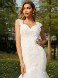 Trumpet/Mermaid Tulle Applique Sweetheart Sleeveless Sweep/Brush Train Wedding Dresses TPP0006506