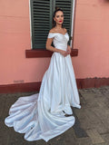 A-Line/Princess Satin Ruched Off-the-Shoulder Sleeveless Court Train Wedding Dresses TPP0006147