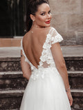 A-Line/Princess Sleeveless Applique V-neck Tulle Sweep/Brush Train Wedding Dresses TPP0006071