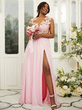 A-Line/Princess Chiffon Applique Scoop Sleeveless Floor-Length Bridesmaid Dresses TPP0004918