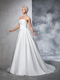 Ball Gown Strapless Ruched Sleeveless Long Satin Wedding Dresses TPP0006591