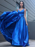 A-Line/Princess Silk like Satin Ruffles V-neck Sleeveless Sweep/Brush Train Dresses TPP0001680