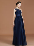 A-line/Princess One-Shoulder Lace Tulle Sleeveless Floor-Length Bridesmaid Dresses TPP0005736