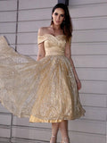 A-Line/Princess Ruched Off-the-Shoulder Sleeveless Tea-Length Homecoming Dresses TPP0004497