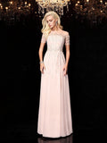 A-Line/Princess Bateau Beading Short Sleeves Long Chiffon Dresses TPP0003584