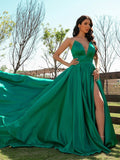 A-Line/Princess Satin Ruffles V-neck Sleeveless Sweep/Brush Train Dresses TPP0001519