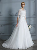 A-Line/Princess 1/2 Sleeves Scoop Lace Court Train Tulle Wedding Dresses TPP0006509