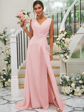 A-Line/Princess Chiffon Ruched V-neck Sleeveless Sweep/Brush Train Bridesmaid Dresses TPP0004916