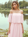 A-Line/Princess Jersey Ruffles Off-the-Shoulder Short Sleeves Sweep/Brush Train Bridesmaid Dresses TPP0004975