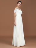 A-Line/Princess Short Sleeves Spaghetti Straps Ruched V-neck Floor-Length Chiffon Bridesmaid Dresses TPP0005580