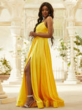 A-Line/Princess Silk like Satin Ruffles V-neck Sleeveless Floor-Length Dresses TPP0004878