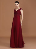 A-Line/Princess Lace Short Sleeves Chiffon Ruched V-neck Floor-Length Bridesmaid Dresses TPP0005649