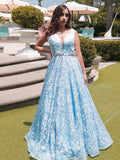 A-Line/Princess Lace Applique V-neck Sleeveless Floor-Length Dresses TPP0004761