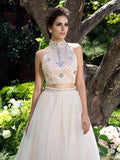 A-Line/Princess High Neck Beading Sleeveless Long Net Two Piece Dresses TPP0003150