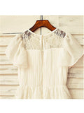 A-line/Princess Scoop Short Sleeves Lace Tea-Length Chiffon Flower Girl Dresses TPP0007820