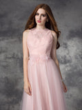 A-line/Princess Bateau Hand-Made Flower Sleeveless Long Net Dresses TPP0009231