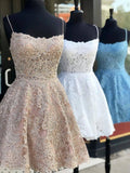 A-Line/Princess Lace Applique Spaghetti Straps Sleeveless Short/Mini Homecoming Dress TPP0002530