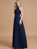 A-Line/Princess Halter Sleeveless Ruched Floor-Length Chiffon Bridesmaid Dresses TPP0005208