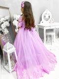 Ball Gown Tulle Lace Off-the-Shoulder 1/2 Sleeves Sweep/Brush Train Flower Girl Dresses TPP0007476