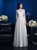 A-Line/Princess Scoop Applique 3/4 Sleeves Long Elastic Woven Satin Mother of the Bride Dresses TPP0007198