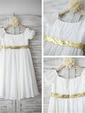 A-line/Princess Bateau Short Sleeves Beading Tea-Length Chiffon Flower Girl Dresses TPP0007832