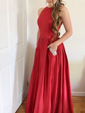 A-Line/Princess Sleeveless Halter Beading Satin Floor-Length Dresses TPP0004697