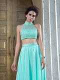 A-Line/Princess High Neck Beading Sleeveless Long Chiffon Two Piece Dresses TPP0003068