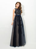 A-Line/Princess Sheer Neck Applique Sleeveless Long Tulle Dresses TPP0002434